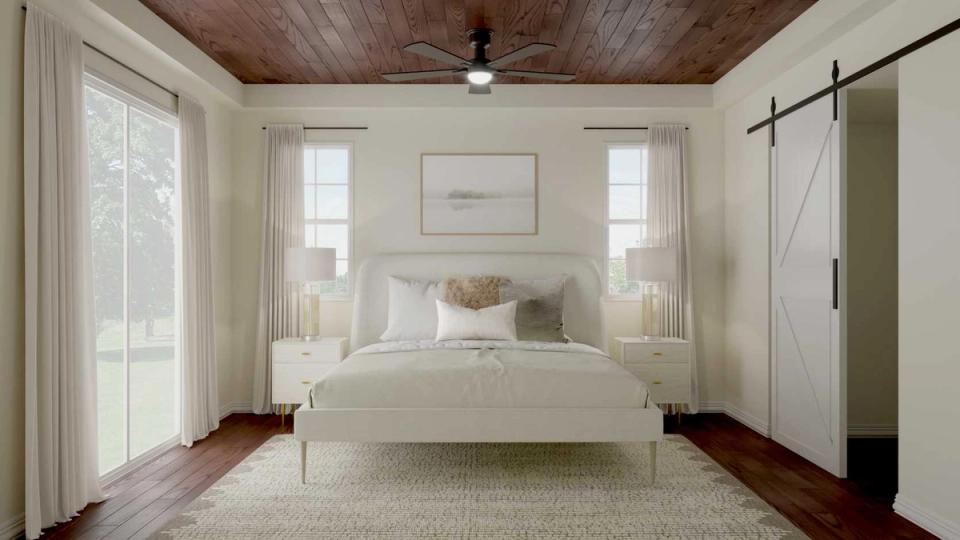 Bright Scandinavian bedroom with white bed, warm wood ceiling, neutral palette, and minimalist decor creating calm, airy atmosphere