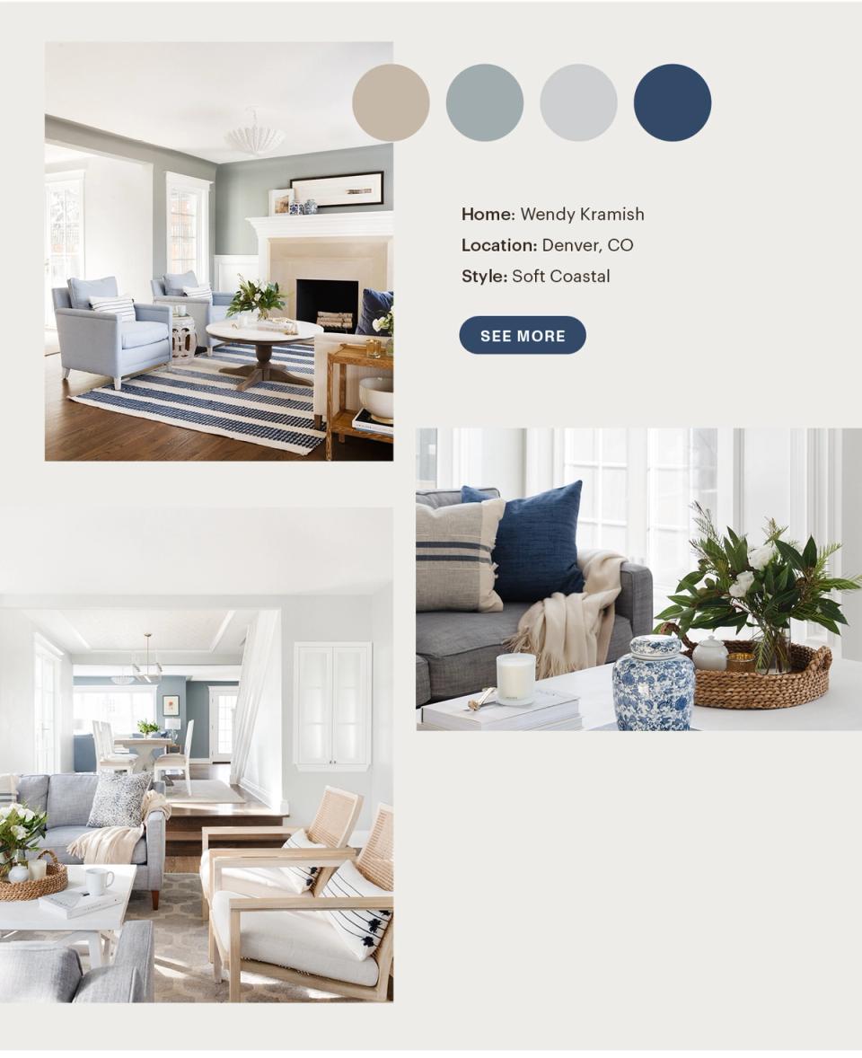 Soft coastal design with muted blue-gray tones, warm naturals, and navy accents creating a calm, inviting atmosphere throughout.