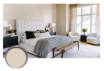 Bright, airy bedroom in soft beige with crisp white bedding, modern furnishings, and abundant natural light for a clean, luxurious feel.