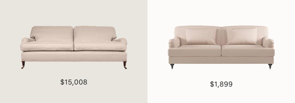 Classic transitional sofas in soft beige with traditional legs, designer versus affordable versions