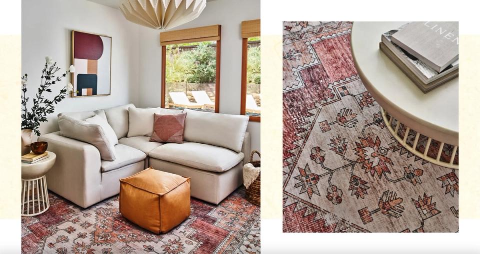 Eclectic living room with cream sofa, warm wood accents, vintage-inspired rug, and bohemian styling