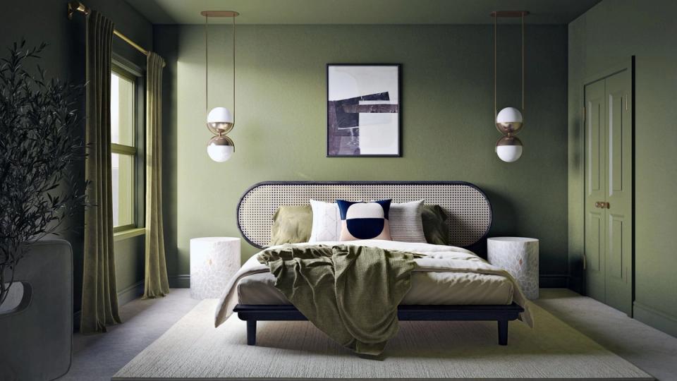 Contemporary bedroom with soft sage-green walls, pendant lighting, and minimalist decor creating a serene retreat