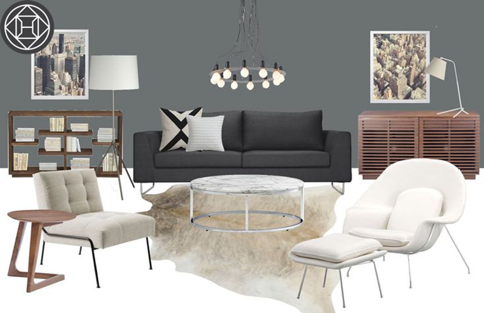 Contemporary living space with charcoal gray walls, warm wood tones, creamy upholstery, and balanced sophistication.