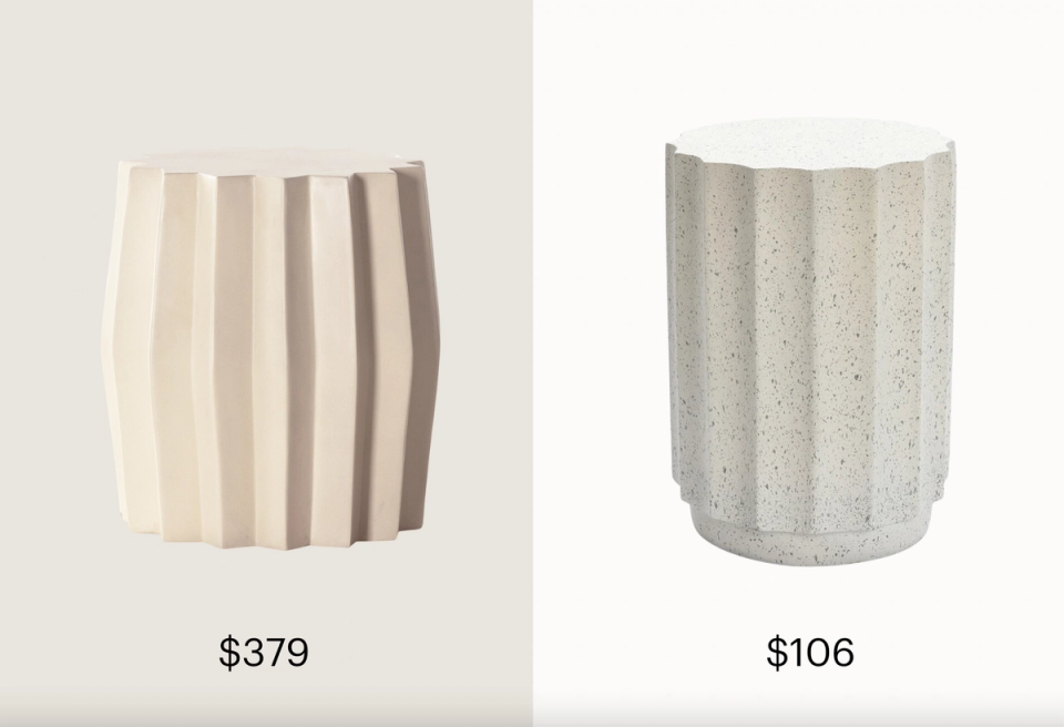 Minimalist fluted concrete and striped outdoor accent tables in neutral tones