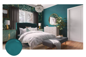 Modern bedroom with jewel-tone teal walls, dark curtains, and contemporary furnishings for a moody, sophisticated retreat