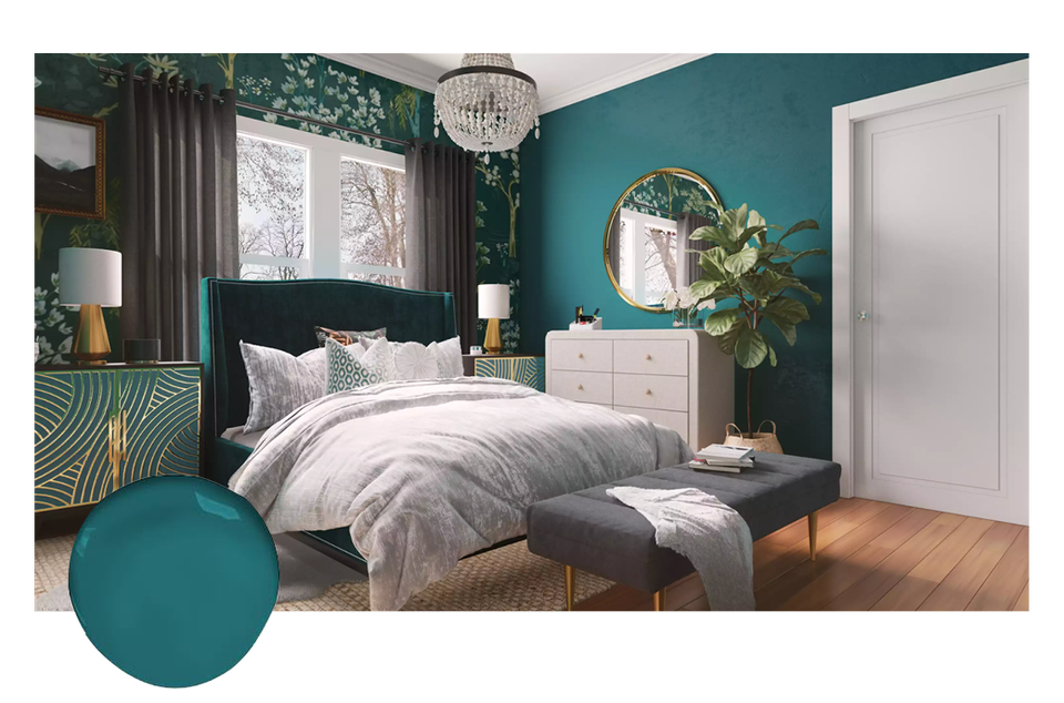 Modern bedroom with jewel-tone teal walls, dark curtains, and contemporary furnishings for a moody, sophisticated retreat