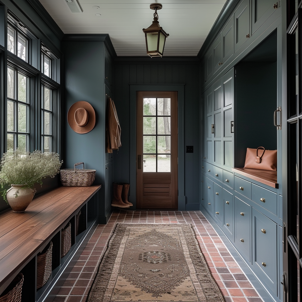 Dark slate mudroom with wood bench, brick flooring, and built-in cabinetry