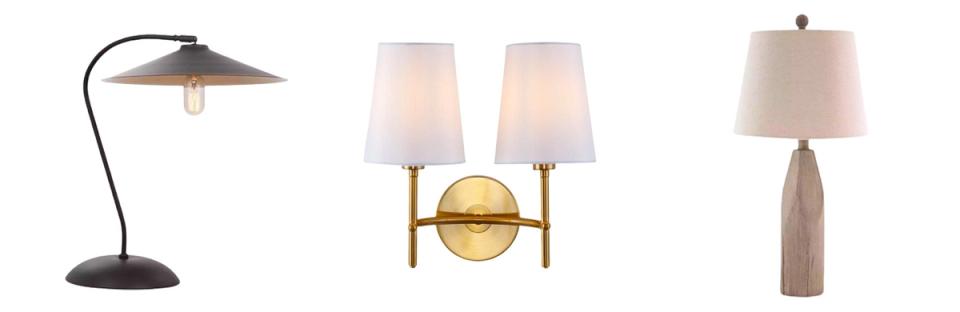 Warm lighting fixtures in brass, black, and soft cream tones for ambient glow