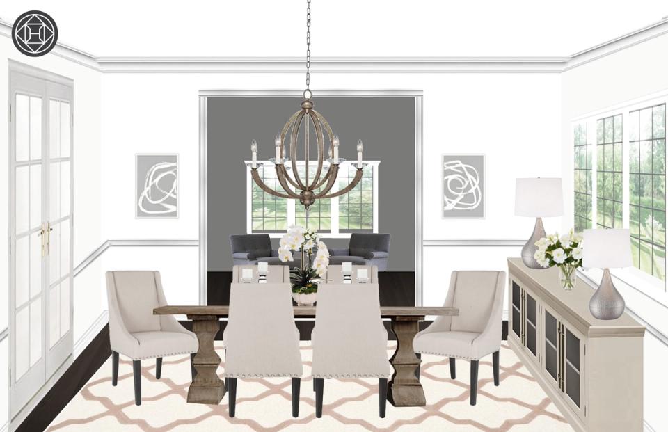 Classic formal dining room with dark accent wall, neutral upholstered chairs, and metallic chandelier