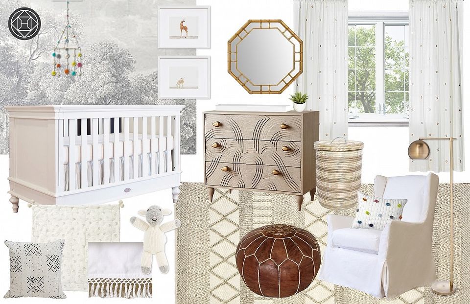 Modern gender-neutral nursery mood board with natural wood tones, white crib, geometric patterns, and earthy textures.