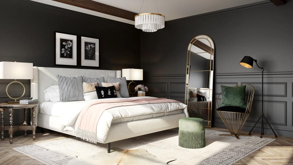Dramatic dark bedroom with slate walls, geometric headboard, and contemporary brass accents
