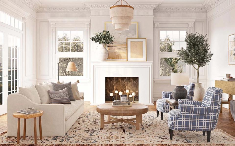 Serene coastal sitting area with white fireplace, neutral palette, potted topiaries, and blue patterned accent chair