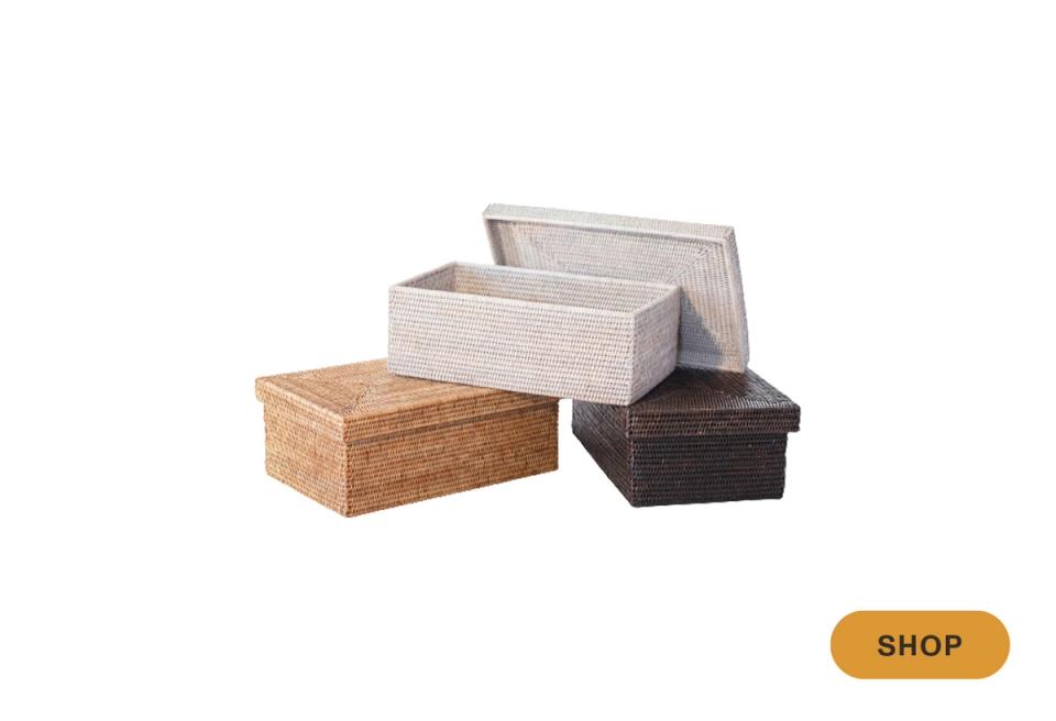 Set of woven and upholstered storage boxes in neutral and natural fibers