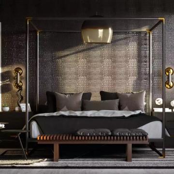 Luxe bedroom featuring black walls with gold geometric texture, canopy bed, and warm brass accents for glamorous elegance