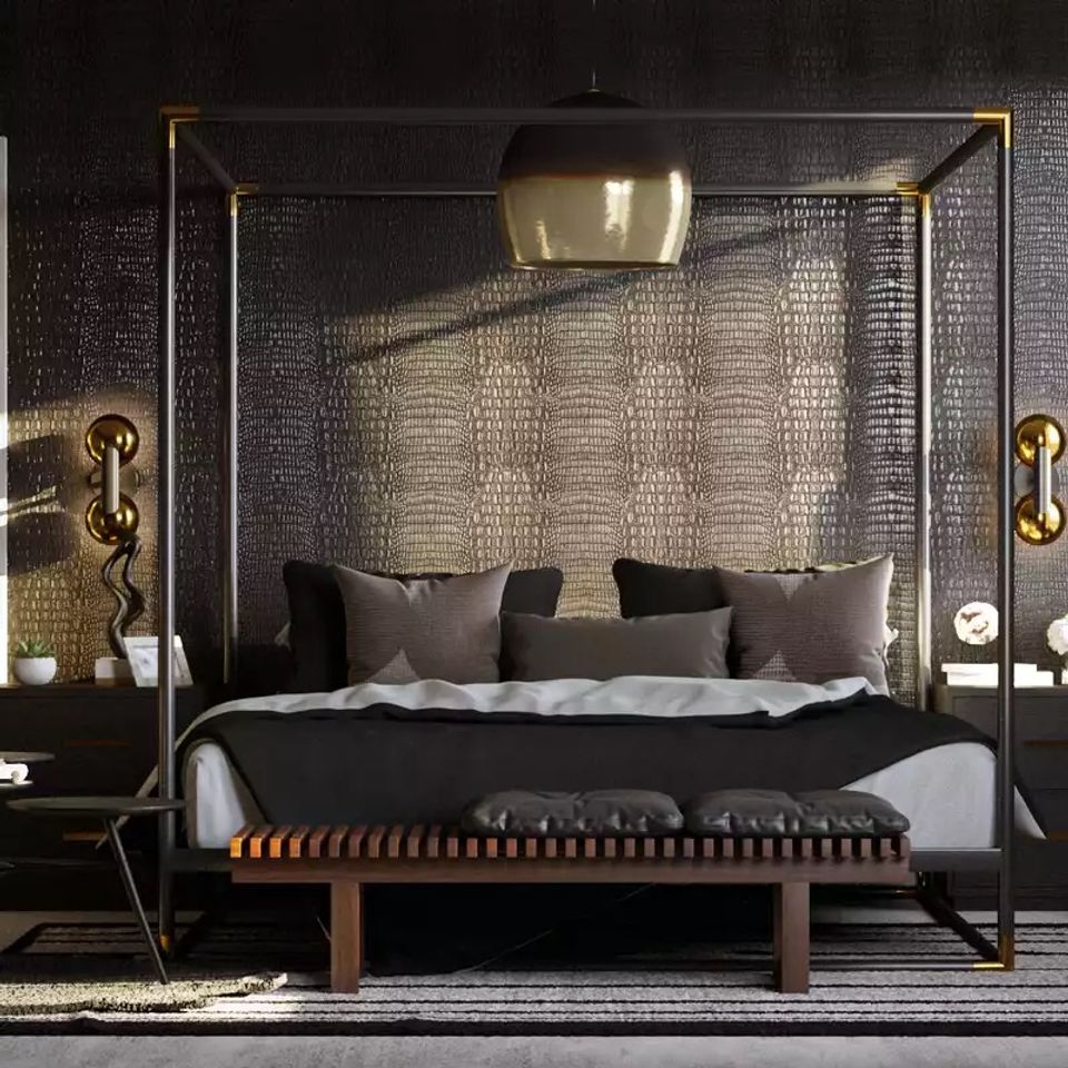 Luxe bedroom featuring black walls with gold geometric texture, canopy bed, and warm brass accents for glamorous elegance