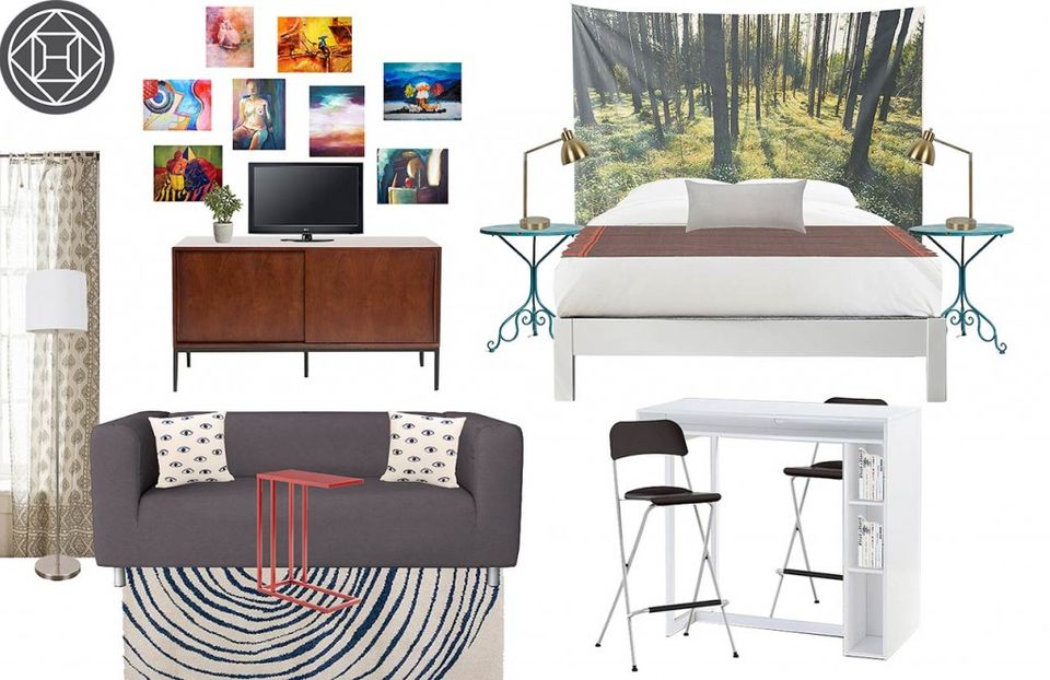 Mid-century modern studio layout featuring walnut dresser, patterned rug, metal bed frame, and white storage cart