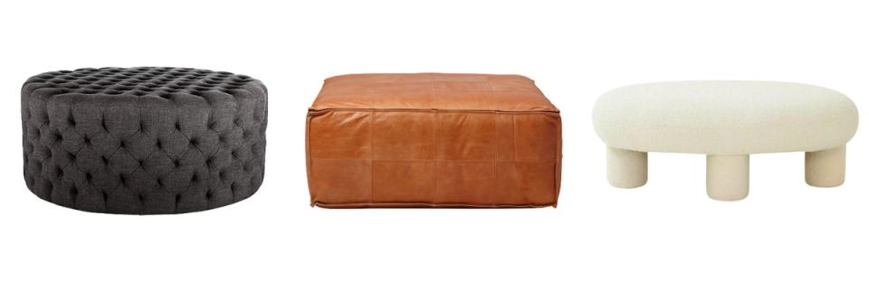 Statement ottomans and coffee tables in charcoal, cognac leather, and cream