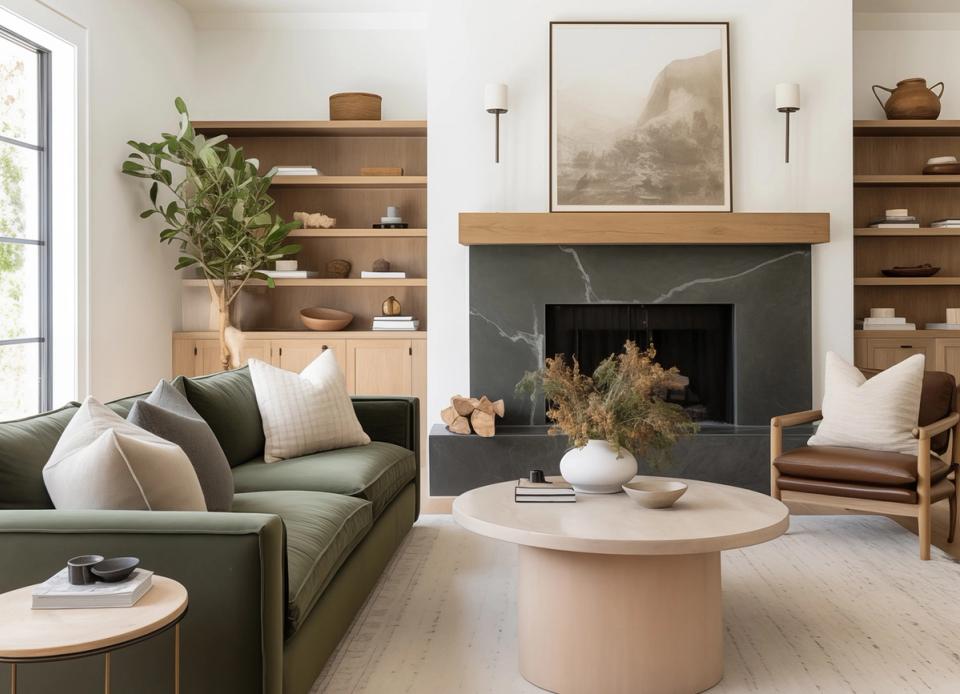 Serene living room with sage green sofa, cream accents, natural wood shelving, and dark fireplace creating a warm, botanical-inspired sanctuary.