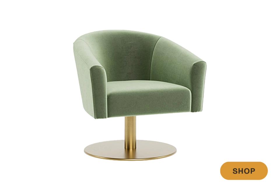 Modern barrel swivel chair in sage green velvet with brass base