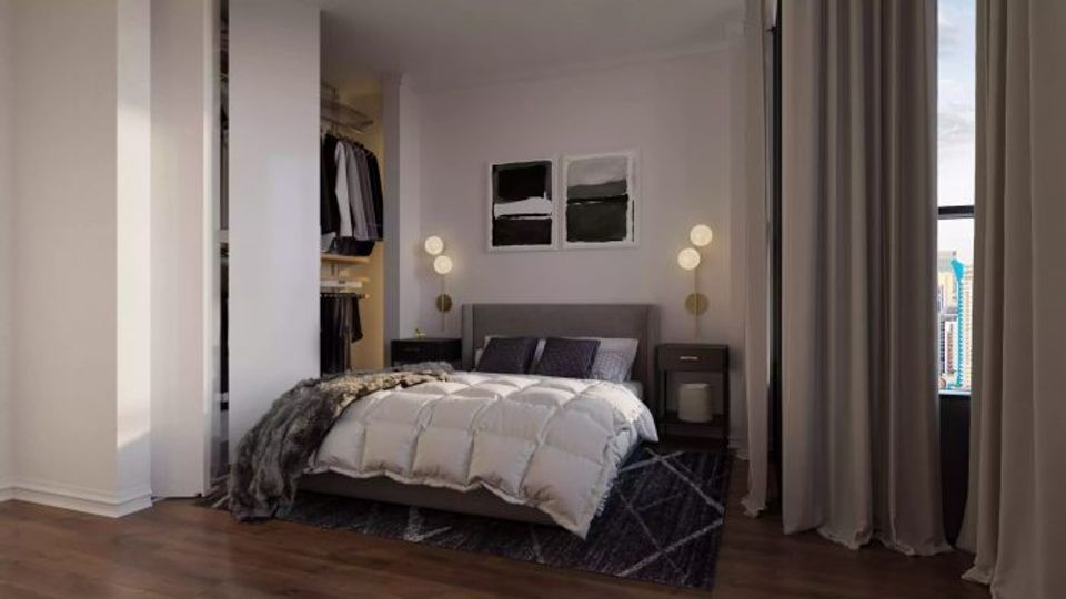 Modern minimalist bedroom with charcoal tones and clean architectural lines