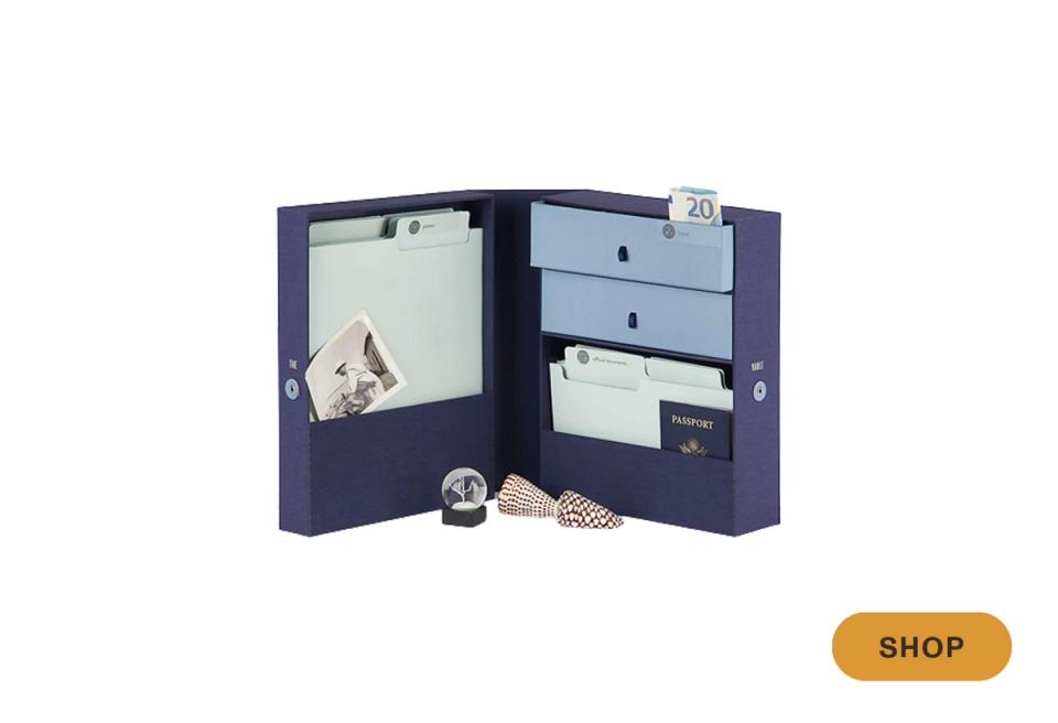 Navy wall-mounted storage cabinet with mirror and drawer compartments