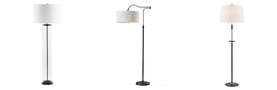 Three sleek floor lamps with cylindrical shades in white, gray, and cream finishes
