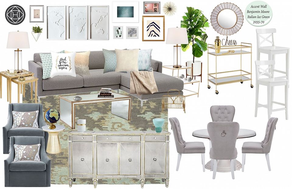 Eclectic living and dining design concept blending gray upholstery, whitewashed storage, and soft blue-green accents