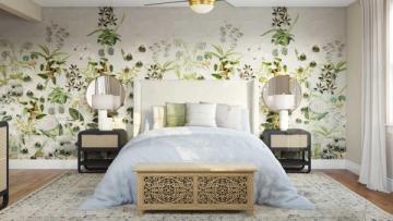 Serene bedroom with botanical wallpaper, sage green accents, and natural light