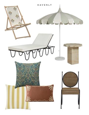 1960s retro outdoor furniture collection: deck chair, lounger, umbrella, cushions, side table