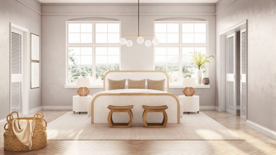 Serene coastal bedroom with warm neutrals, natural light, and minimalist aesthetic