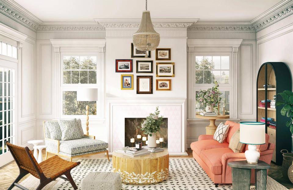 Classic traditional living room featuring symmetrical white molding, coral accent seating, fireplace, and refined gallery wall arrangement