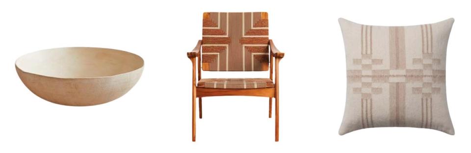 Southwestern design elements: wooden bowl, woven chair, and patterned throw pillow
