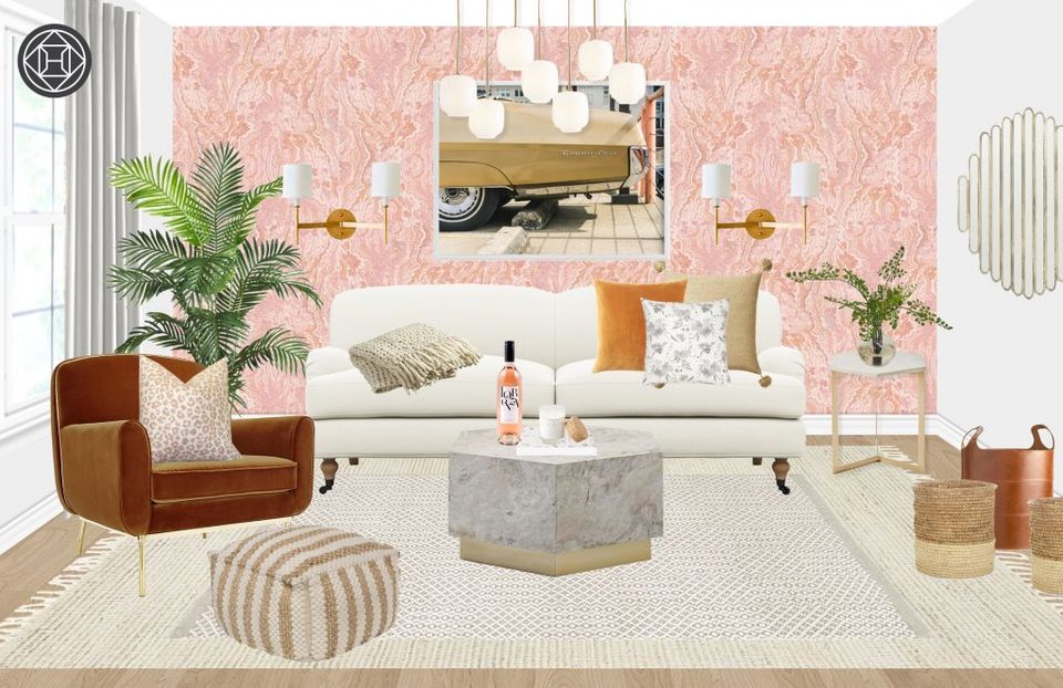 Warm mid-century lounge with coral wallpaper, terracotta chair, brass fixtures, and organic plant elements