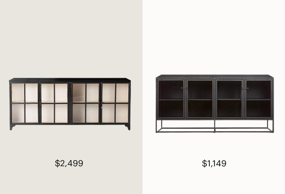 Modern glass and metal storage cabinets in light wood and dark finishes with geometric frames