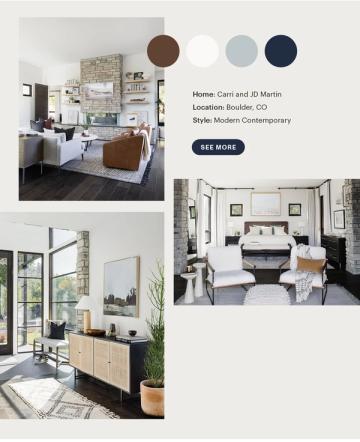 Modern contemporary design balancing cool blues, soft grays, and warm leather tones in clean, minimalist spaces
