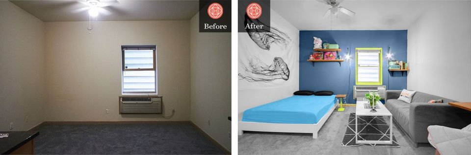 Designed studio with navy blue accent wall, turquoise platform bed, floating shelves, and minimalist desk area