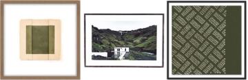 Three framed artworks featuring landscape and sage green geometric patterns