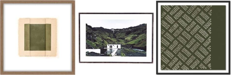 Three framed artworks featuring landscape and sage green geometric patterns