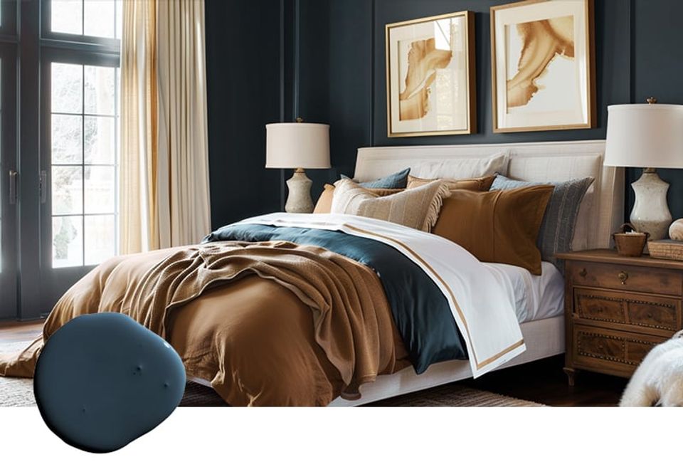 Sophisticated bedroom with navy accent wall, warm caramel bedding, natural wood furniture, and neutral tones