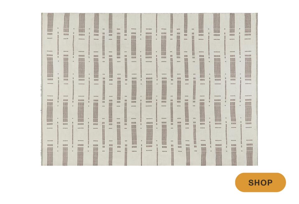 Contemporary outdoor rug with vertical striped motif and geometric blocks in neutral tones