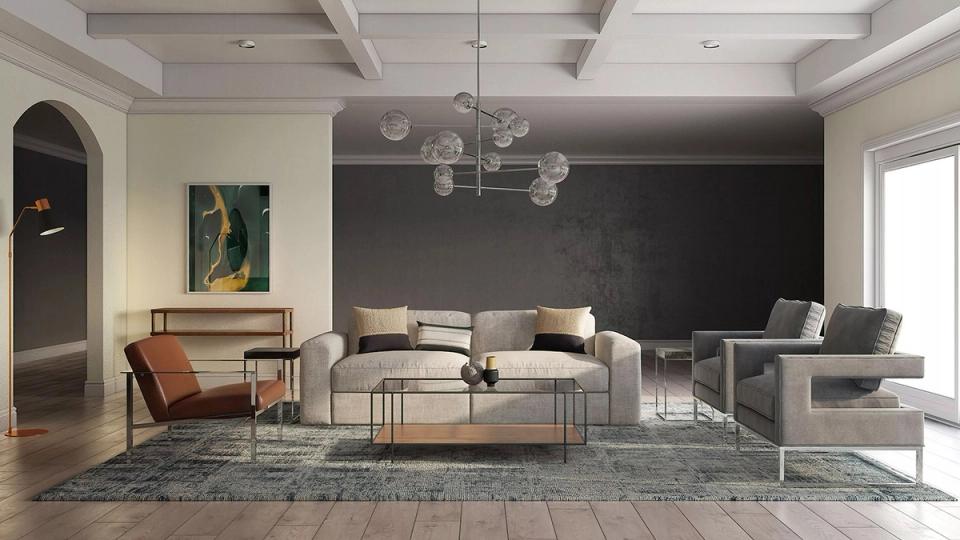 Transitional living room blending black accent wall with warm wood tones and neutral seating in balanced composition