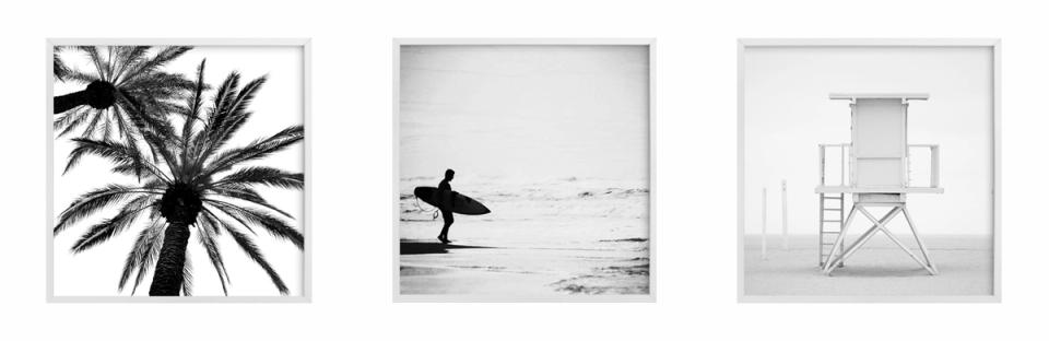 Black and white minimalist art triptych: palm tree, surfer, and lifeguard stand photographs