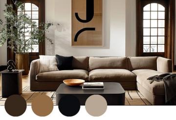 Contemporary living room with earthy neutral palette, sectional sofa, black accents, and minimalist art