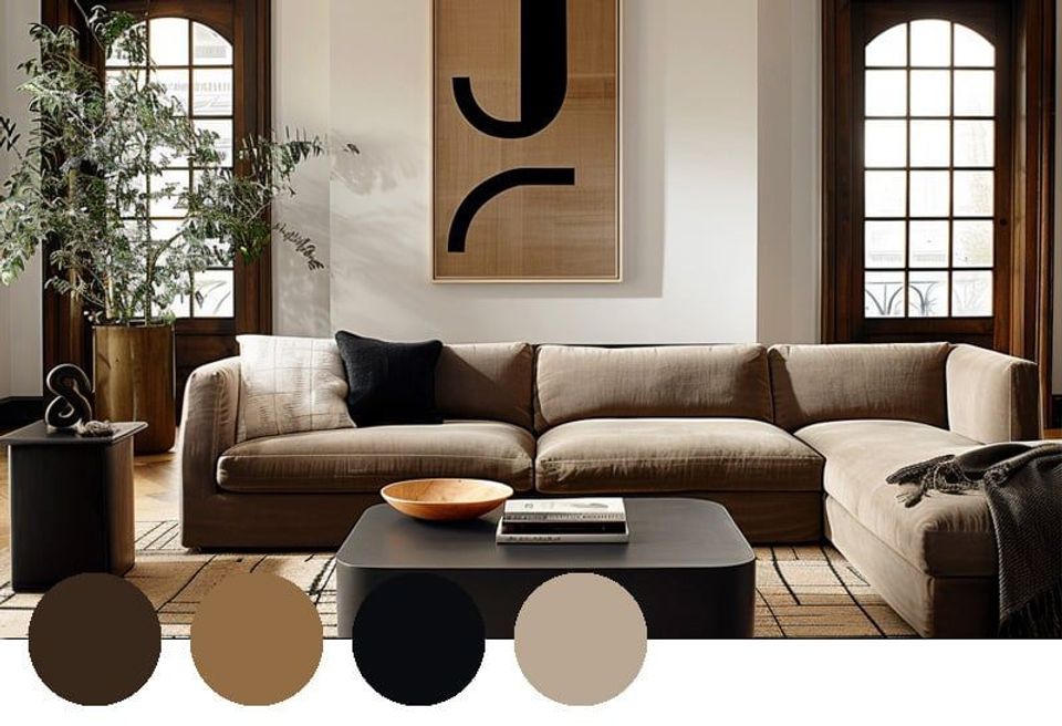 Contemporary living room with earthy neutral palette, sectional sofa, black accents, and minimalist art