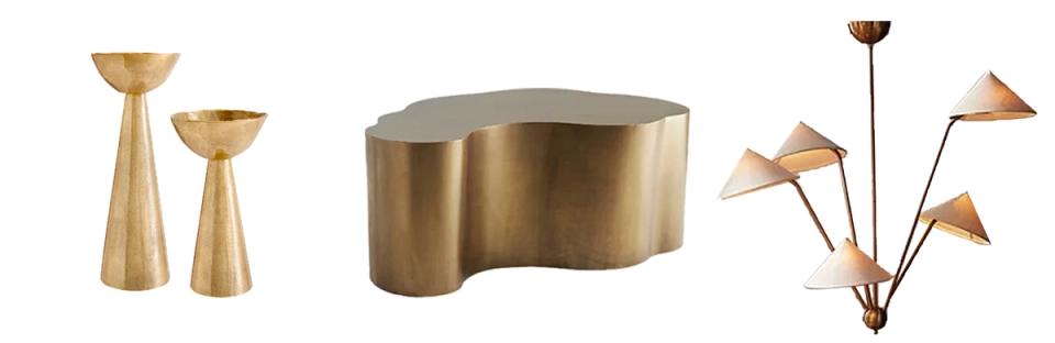 Mid-century modern furniture collection showcasing brass and wood tones with sculptural, minimalist forms