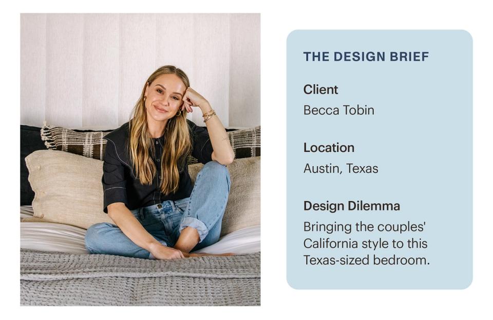 Design brief text on blue background describing LA-to-Austin bedroom project
