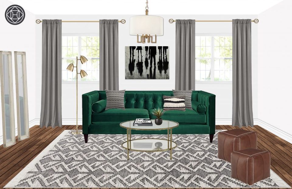 Inviting hygge room featuring emerald sofa, striped curtains, geometric rug, and warm wood elements