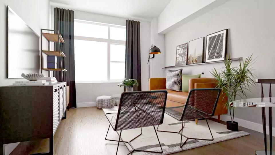 Serene mid-century modern space with warm wood chairs and minimalist shelving aesthetic