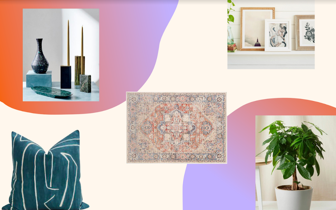 Modern eclectic mood board mixing jewel tones, pastels, and natural textures with contemporary decor accents