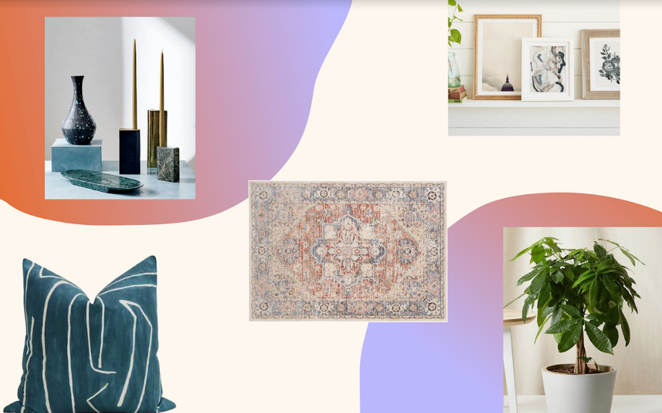 Modern eclectic mood board mixing jewel tones, pastels, and natural textures with contemporary decor accents